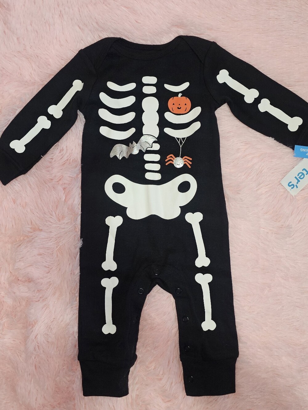 Baby Halloween Skelly Skeleton Jumpsuit Size 6 Months Orange Pumpkin Bat Spider
